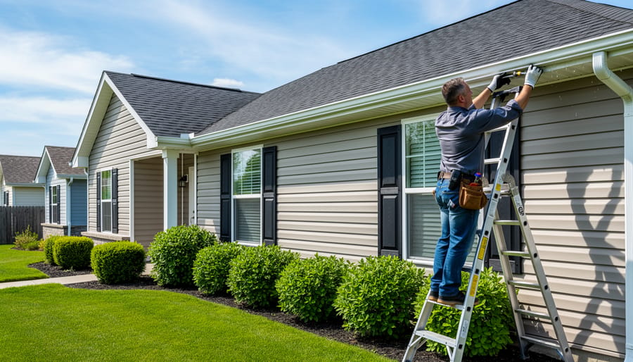Well-maintained home exterior showing roof, gutters, and siding in good condition
