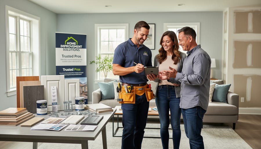 Homeowners consulting with contractor at home improvement show booth