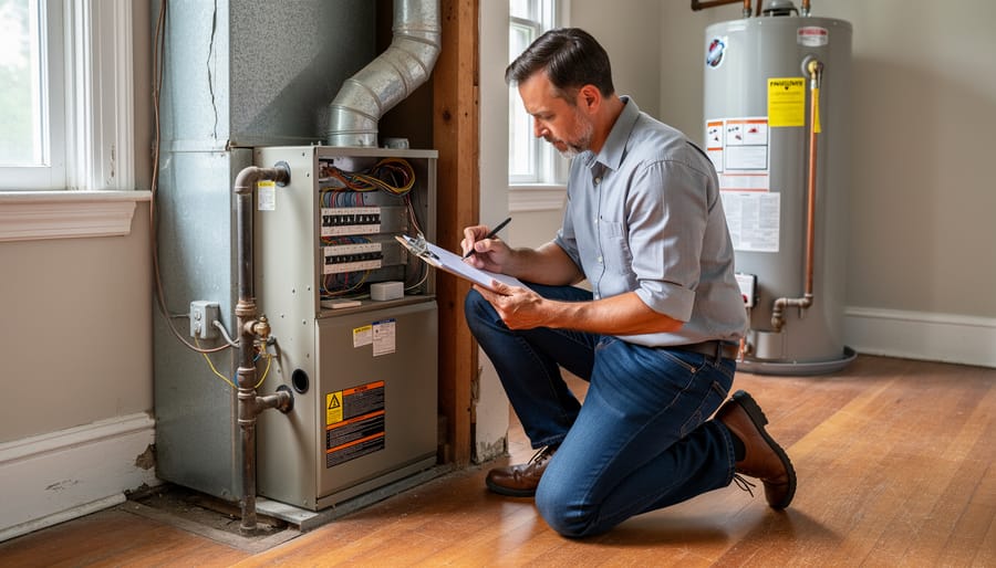 Home inspector examining electrical panel in basement during property assessment