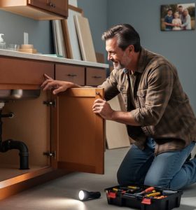 Homeowner kneeling to examine under-sink plumbing with a flashlight and toolbox in a partially renovated, lived-in kitchen, with moving boxes, a step ladder, and paint cans softly blurred in the background.