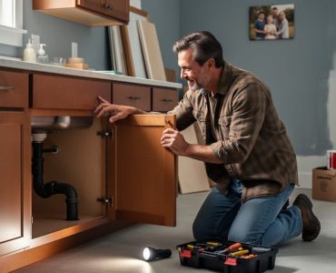 Homeowner kneeling to examine under-sink plumbing with a flashlight and toolbox in a partially renovated, lived-in kitchen, with moving boxes, a step ladder, and paint cans softly blurred in the background.