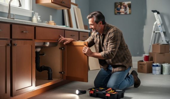 Homeowner kneeling to examine under-sink plumbing with a flashlight and toolbox in a partially renovated, lived-in kitchen, with moving boxes, a step ladder, and paint cans softly blurred in the background.