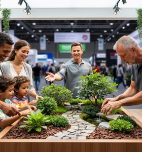 Family members and a hobbyist interacting with a hands-on miniature landscaping display inside a home and garden exhibition booth while a booth staff member welcomes them.