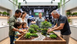 Family members and a hobbyist interacting with a hands-on miniature landscaping display inside a home and garden exhibition booth while a booth staff member welcomes them.