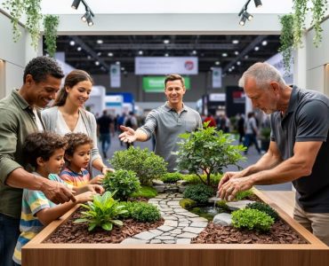 Family members and a hobbyist interacting with a hands-on miniature landscaping display inside a home and garden exhibition booth while a booth staff member welcomes them.