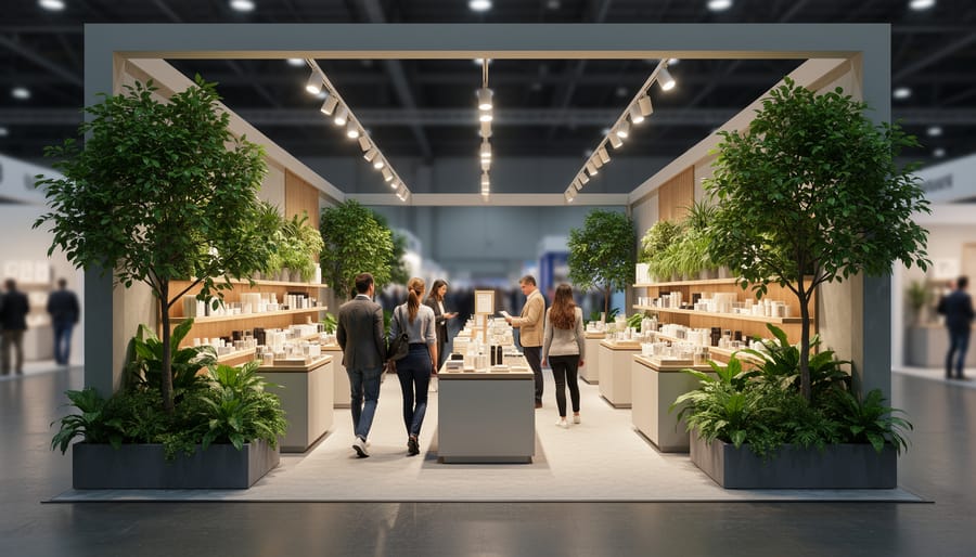 Visitor reaching toward gardening product samples at an open home and garden exhibition booth with potted plants and tools on display