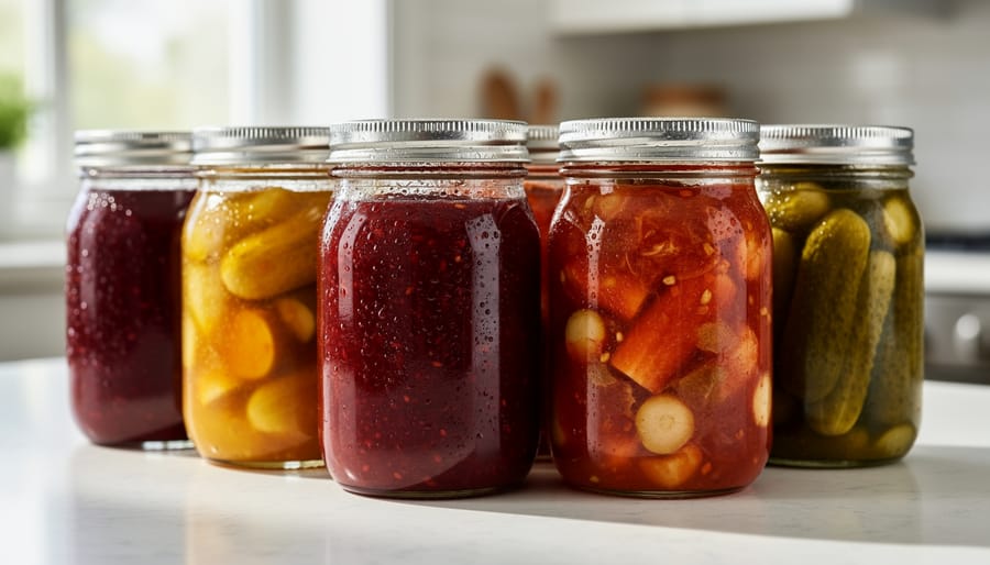 Cooling jars of fruit jam with intact lids lined up on a kitchen towel.