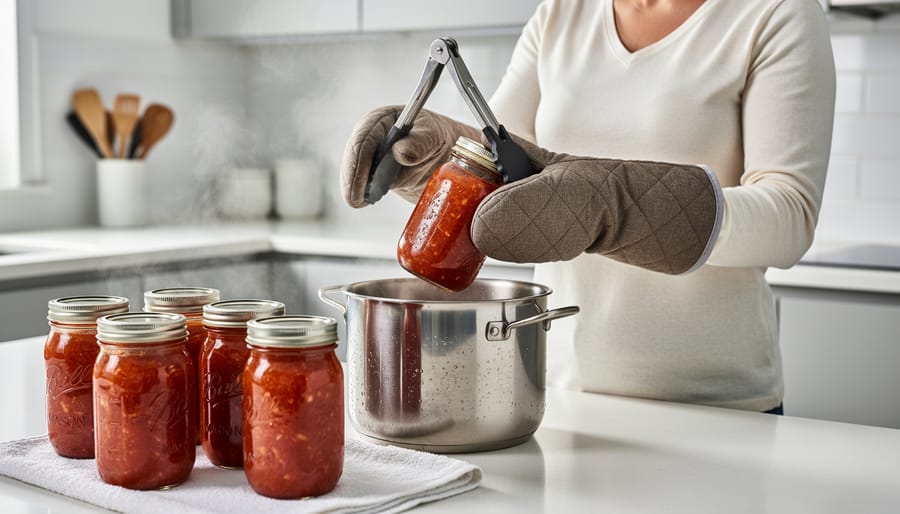Gloved hands using a jar lifter to move a hot canning jar over a water bath canner.