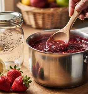 Close-up of a person stirring berry jam in a stainless saucepan on a rustic kitchen counter, with fresh strawberries and a lemon half nearby and glass jars ready for preserving.