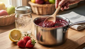 Close-up of a person stirring berry jam in a stainless saucepan on a rustic kitchen counter, with fresh strawberries and a lemon half nearby and glass jars ready for preserving.