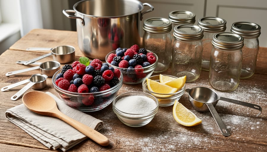 Jam-making tools and jars arranged on a kitchen counter beside a stockpot of bubbling fruit jam.