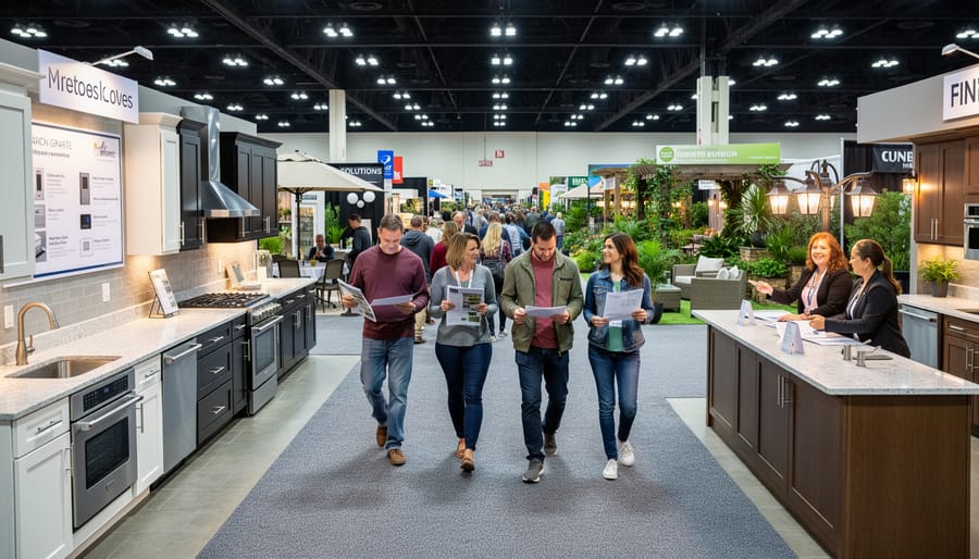 Family comparing outdoor tools while walking through a home and garden expo aisle