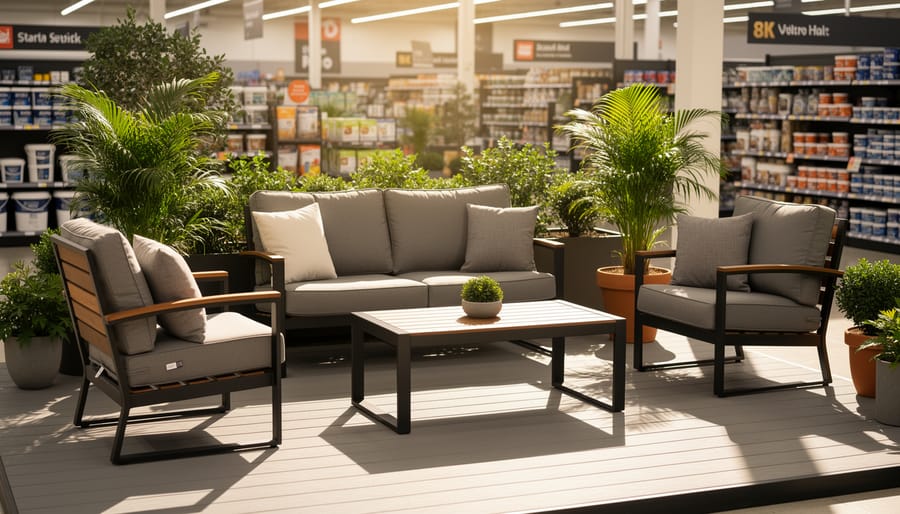 Outdoor patio bench next to a mulched garden bed with healthy plants and a weatherproof hose
