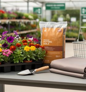 Bundled home and garden items on a patio table, including potted annuals, potting soil, a trowel, and a weather-resistant cover with a blurred garden center background.