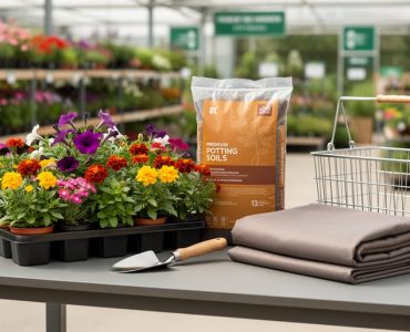 Bundled home and garden items on a patio table, including potted annuals, potting soil, a trowel, and a weather-resistant cover with a blurred garden center background.