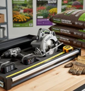 Organized garage workbench with contractor-grade renovation tools and landscaping supplies arranged for home improvement shopping deals.