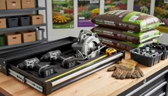 Organized garage workbench with contractor-grade renovation tools and landscaping supplies arranged for home improvement shopping deals.