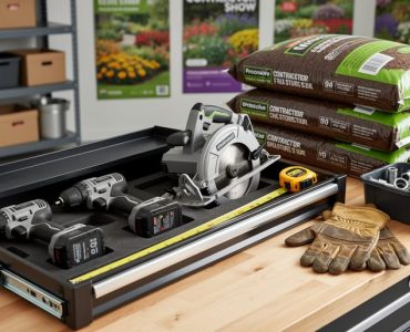 Organized garage workbench with contractor-grade renovation tools and landscaping supplies arranged for home improvement shopping deals.