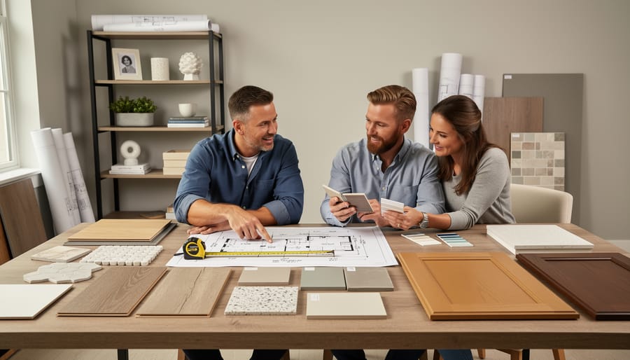 A designer and homeowner reviewing renovation materials and measurements during a home Q&A discussion