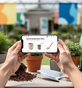 Hands holding a smartphone next to gardening supplies like plant pots and mulch, representing digital e-offers for home and garden projects.