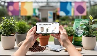 Hands holding a smartphone next to gardening supplies like plant pots and mulch, representing digital e-offers for home and garden projects.