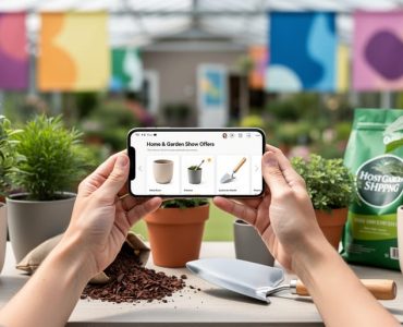 Hands holding a smartphone next to gardening supplies like plant pots and mulch, representing digital e-offers for home and garden projects.