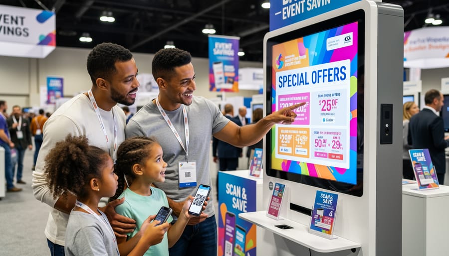 Family at a home and garden show booth using phones to access digital offers while a child looks on
