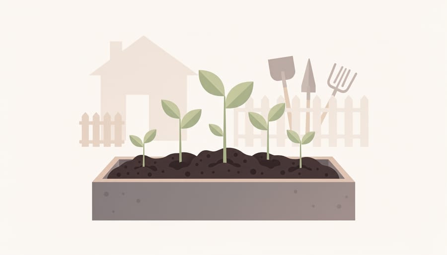 Close view of healthy seedlings growing in dark soil with a watering can nearby
