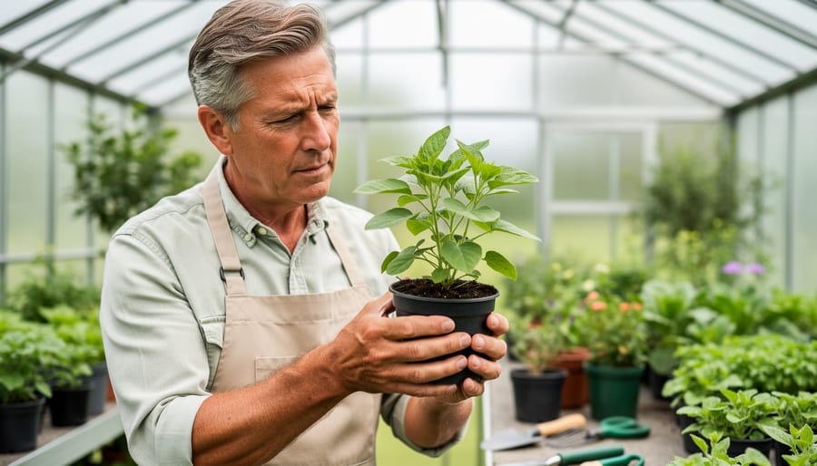 A Master Gardener kneeling and inspecting a potted plant with visible soil and roots in a garden setting