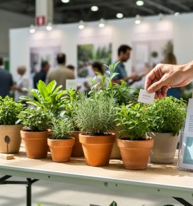 Vendor booth setup with potted native plants and handmade garden décor at a home and garden show under bright daylight.