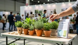 Vendor booth setup with potted native plants and handmade garden décor at a home and garden show under bright daylight.