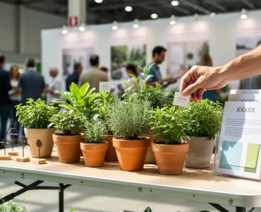 Vendor booth setup with potted native plants and handmade garden décor at a home and garden show under bright daylight.