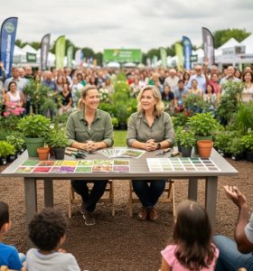 Experts lead an interactive Q&A at an outdoor home and garden show while a family audience watches and listens to home and landscaping advice.