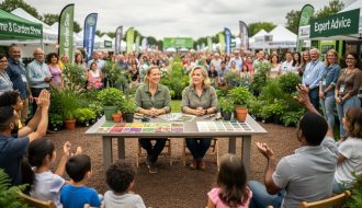 Experts lead an interactive Q&A at an outdoor home and garden show while a family audience watches and listens to home and landscaping advice.