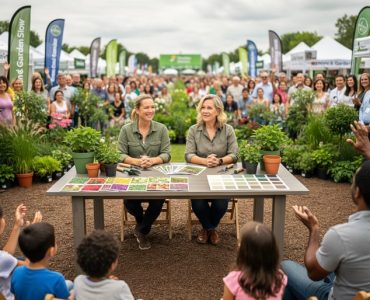 Experts lead an interactive Q&A at an outdoor home and garden show while a family audience watches and listens to home and landscaping advice.