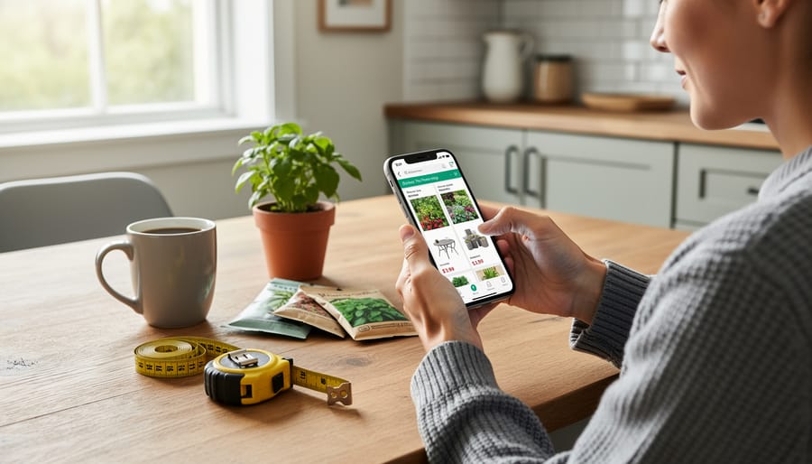 Person holding a smartphone over a table with a potted plant and gardening items, representing digital offers at a home and garden show