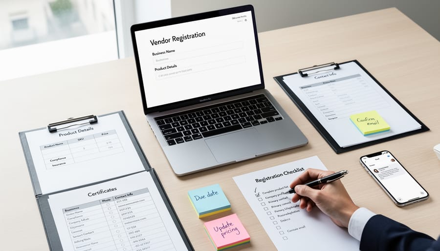 Hands organizing exhibitor registration materials in a binder on a desk
