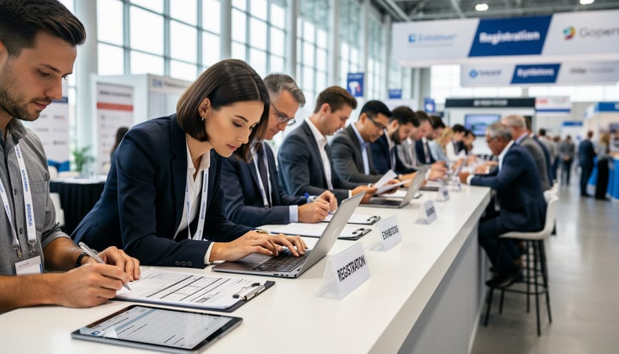 Vendor reviewing exhibitor documents beside a prepared booth area with potted plants in the background